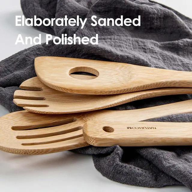 Alt view image 5 of 6 - Naturoom 6 PCS Wooden Utensil Set, Bamboo Kitchen Cooking Spoons and Spatulas for Nonstick Cookware, 12 Inch Essential Wood Tools