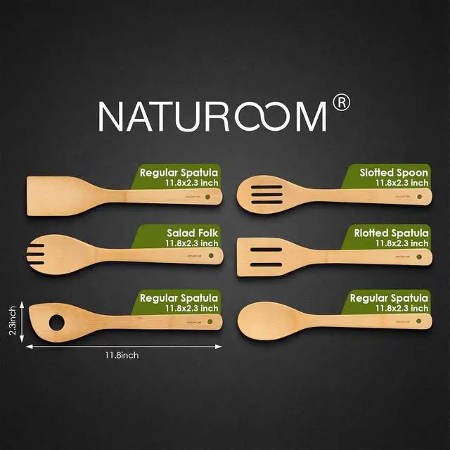 Alt view image 2 of 6 - Naturoom 6 PCS Wooden Utensil Set, Bamboo Kitchen Cooking Spoons and Spatulas for Nonstick Cookware, 12 Inch Essential Wood Tools