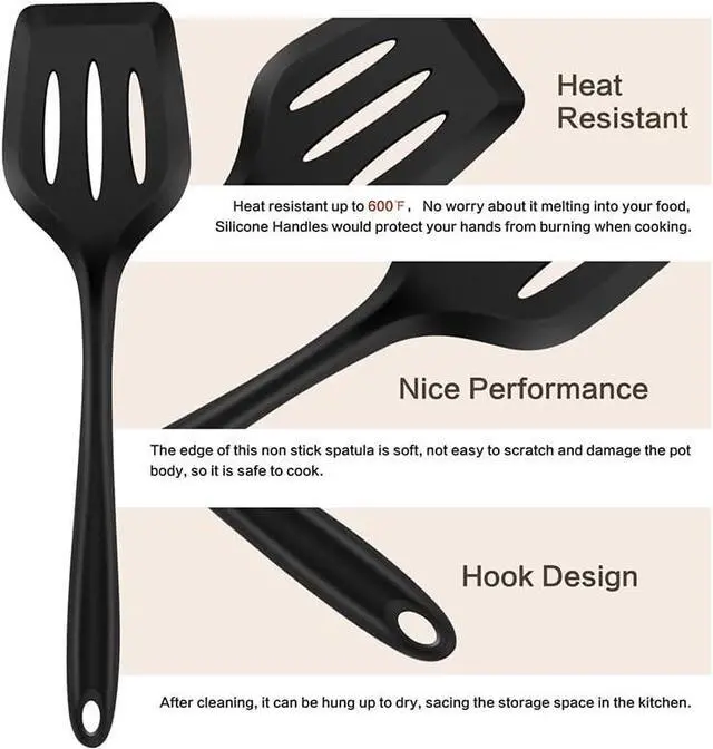 Alt view image 3 of 7 - Silicone Spatula Turner Set, 2PCS Heat-Resistant Non-Stick Fish Slotted Spatula Kitchen Utensil Set for Cooking, Baking and Mixing, BPA Free & Dishwasher Safe (Black)