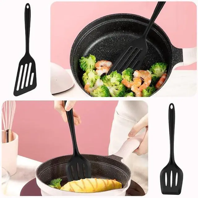 Alt view image 5 of 7 - Silicone Spatula Turner Set, 2PCS Heat-Resistant Non-Stick Fish Slotted Spatula Kitchen Utensil Set for Cooking, Baking and Mixing, BPA Free & Dishwasher Safe (Black)