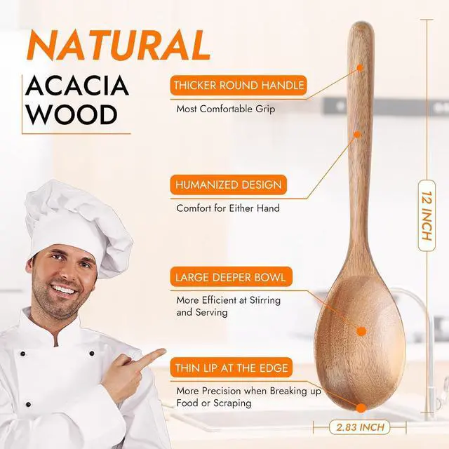 Alt view image 2 of 7 - Kitchen Wooden Cooking Spoon, Solid Acacia Wood Serving Spoons for Mixing Stirring, Nonstick Kitchen Utensils Tableware Ladle Scoop for Soup Stews Salad Pasta Sauce Chili (2 Pieces)