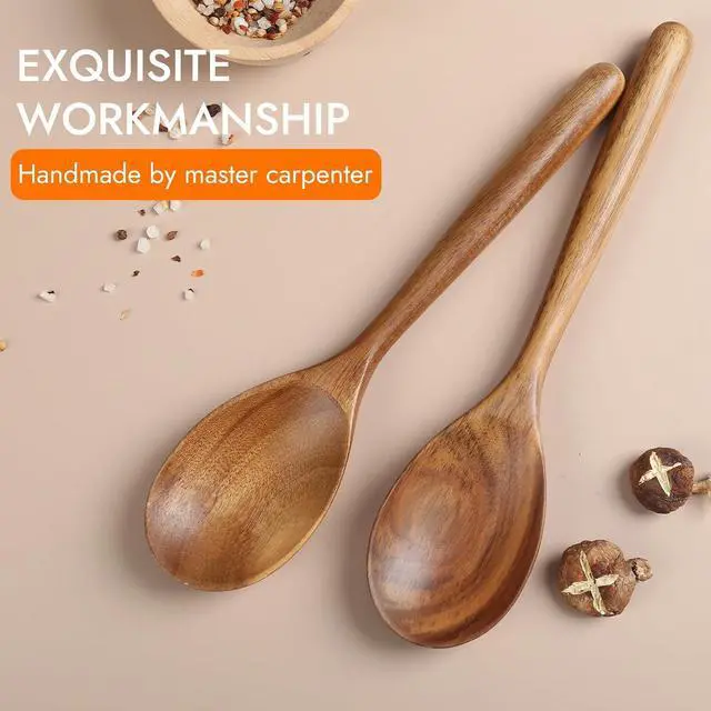 Alt view image 5 of 7 - Kitchen Wooden Cooking Spoon, Solid Acacia Wood Serving Spoons for Mixing Stirring, Nonstick Kitchen Utensils Tableware Ladle Scoop for Soup Stews Salad Pasta Sauce Chili (2 Pieces)