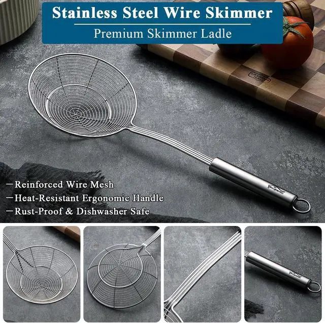 Alt view image 4 of 7 - Berglander Spider Strainer Skimmer Ladle 2 Pieces, Stainless Steel Kitchen Skimmer Slotted Spoons for for Straining Pasta/Cooking/Frying, Kitchen Utensils Wire Strainer Pasta Spoon