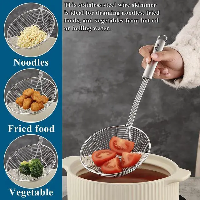 Alt view image 5 of 7 - Berglander Spider Strainer Skimmer Ladle 2 Pieces, Stainless Steel Kitchen Skimmer Slotted Spoons for for Straining Pasta/Cooking/Frying, Kitchen Utensils Wire Strainer Pasta Spoon