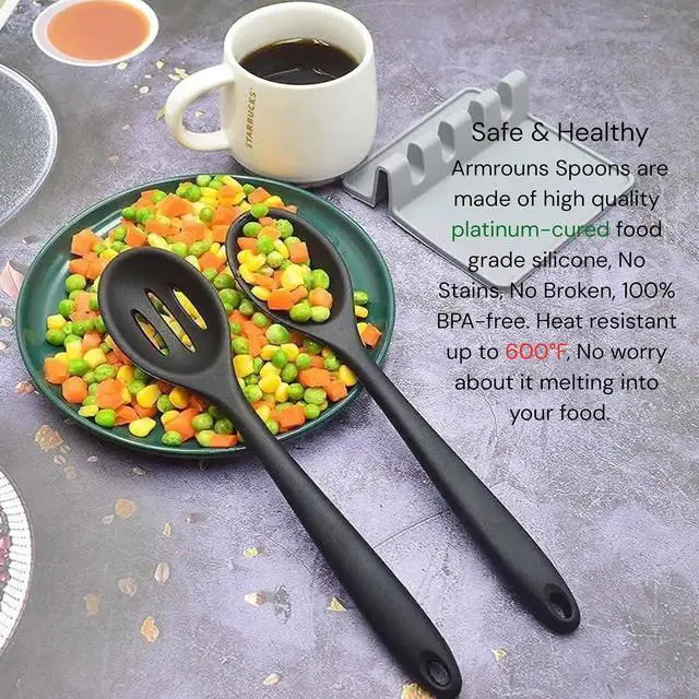Alt view image 2 of 6 - Silicone Cooking Spoons Set, 2-Pack with Slotted Spoon Heat Resistant Nonstick kitchen Rubber Spoons For Mixing Serving & Stirring