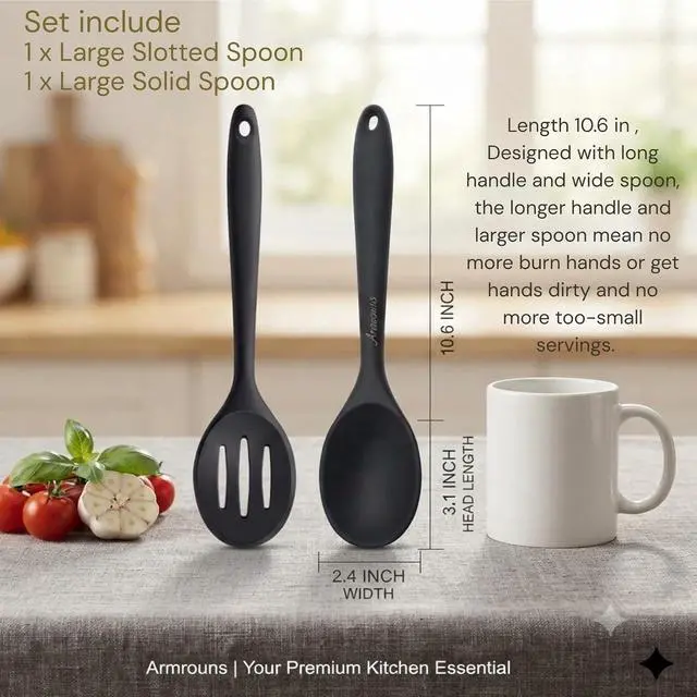 Alt view image 5 of 6 - Silicone Cooking Spoons Set, 2-Pack with Slotted Spoon Heat Resistant Nonstick kitchen Rubber Spoons For Mixing Serving & Stirring