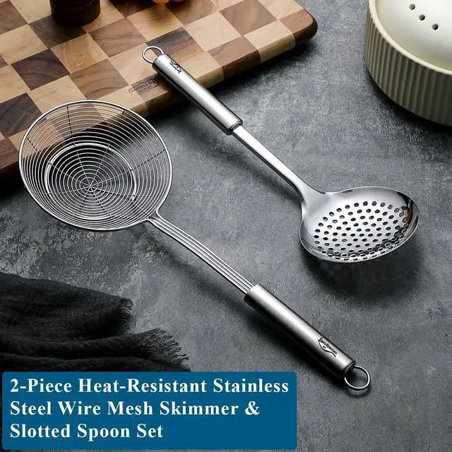 Alt view image 3 of 7 - Berglander Spider Strainer Skimmer Ladle 2 Pieces, Stainless Steel Kitchen Skimmer Slotted Spoons for for Straining Pasta/Cooking/Frying, Kitchen Utensils Wire Strainer Pasta Spoon