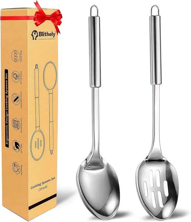 Main image of 2 Pack Large Cooking Spoon Set, Stainless Steel Serving Spoon and Slotted Spoon for Cooking, Heat Resistant Long Basting Spoons with Round Handle for Mixing and Serving Food