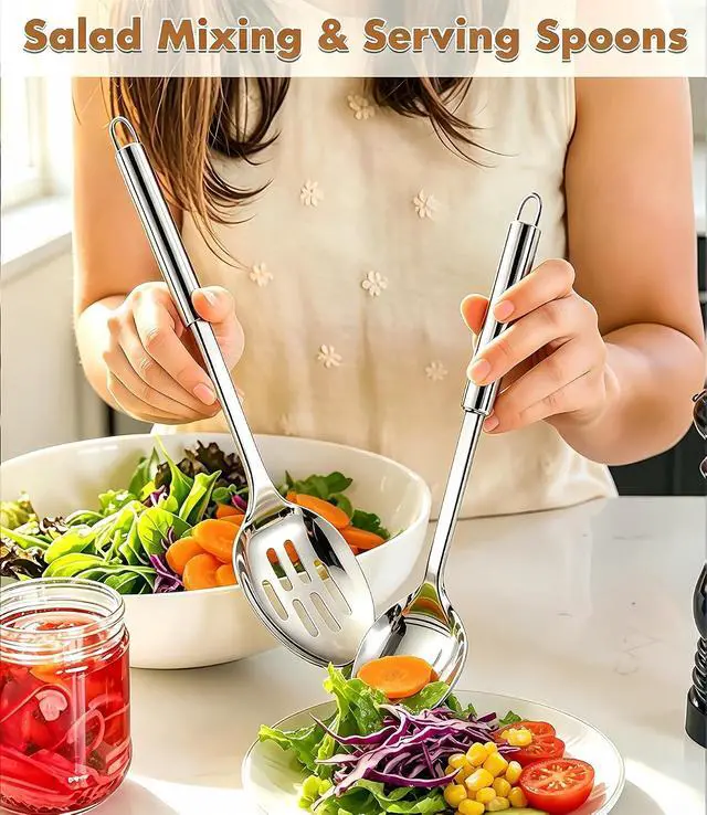 Alt view image 2 of 7 - 2 Pack Large Cooking Spoon Set, Stainless Steel Serving Spoon and Slotted Spoon for Cooking, Heat Resistant Long Basting Spoons with Round Handle for Mixing and Serving Food