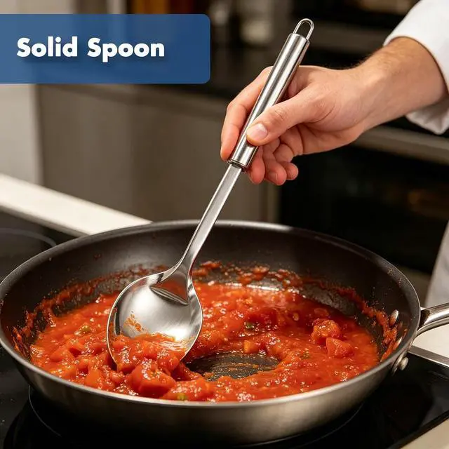 Alt view image 4 of 7 - 2 Pack Large Cooking Spoon Set, Stainless Steel Serving Spoon and Slotted Spoon for Cooking, Heat Resistant Long Basting Spoons with Round Handle for Mixing and Serving Food