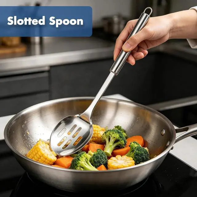 Alt view image 5 of 7 - 2 Pack Large Cooking Spoon Set, Stainless Steel Serving Spoon and Slotted Spoon for Cooking, Heat Resistant Long Basting Spoons with Round Handle for Mixing and Serving Food