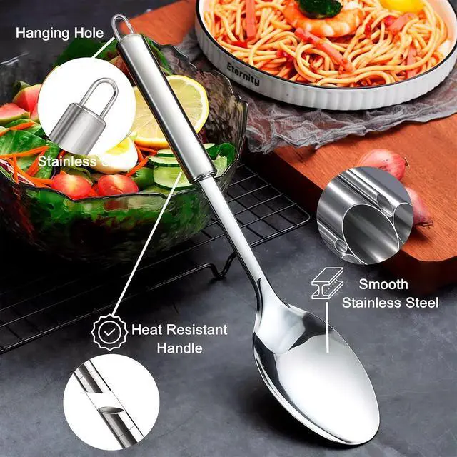 Alt view image 7 of 7 - 2 Pack Large Cooking Spoon Set, Stainless Steel Serving Spoon and Slotted Spoon for Cooking, Heat Resistant Long Basting Spoons with Round Handle for Mixing and Serving Food