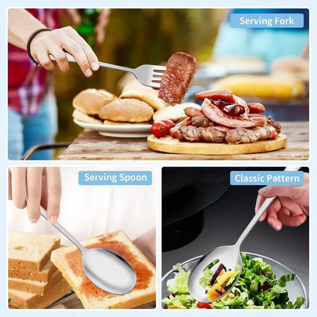 Alt view image 6 of 7 - 6PCS Serving Spoons and Forks Set- Solid Spoon x 2, Slotted Spoon x 2, Solid Fork x 2, 8.66inch Stainless Steel Serving Utensils for Buffet Party Dinner Banquet Cooking Kitchen