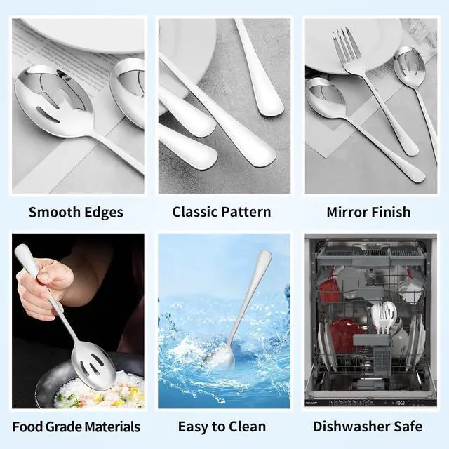 Alt view image 3 of 7 - 6PCS Serving Spoons and Forks Set- Solid Spoon x 2, Slotted Spoon x 2, Solid Fork x 2, 8.66inch Stainless Steel Serving Utensils for Buffet Party Dinner Banquet Cooking Kitchen