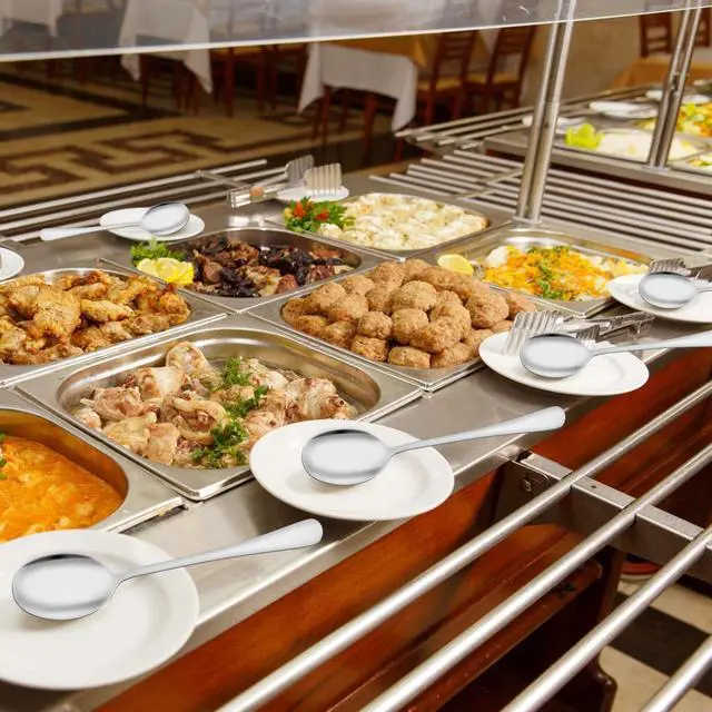Alt view image 7 of 7 - 6PCS Serving Spoons and Forks Set- Solid Spoon x 2, Slotted Spoon x 2, Solid Fork x 2, 8.66inch Stainless Steel Serving Utensils for Buffet Party Dinner Banquet Cooking Kitchen