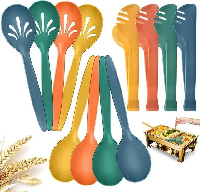 Main image of Reusable Plastic Serving Utensils Set of 12, 10" Wheat straw Large Serving set Serving Spoons/Slotted Spoons/Tongs, for Party Buffet Catering (Orange/Blue/Yellow/Green, Not for Cooking)