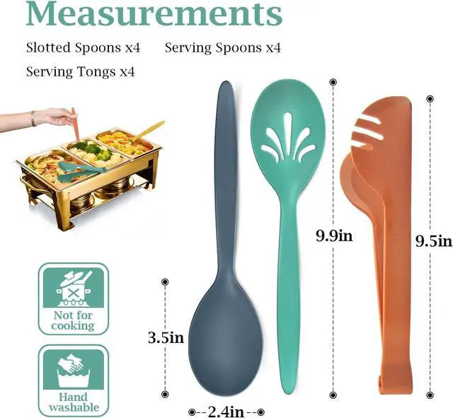 Alt view image 2 of 7 - Reusable Plastic Serving Utensils Set of 12, 10" Wheat straw Large Serving set Serving Spoons/Slotted Spoons/Tongs, for Party Buffet Catering (Orange/Blue/Yellow/Green, Not for Cooking)