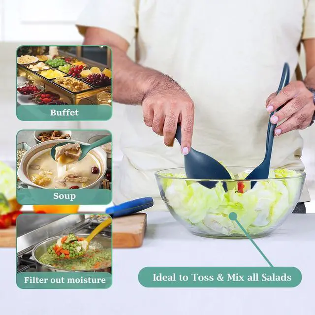 Alt view image 5 of 7 - Reusable Plastic Serving Utensils Set of 12, 10" Wheat straw Large Serving set Serving Spoons/Slotted Spoons/Tongs, for Party Buffet Catering (Orange/Blue/Yellow/Green, Not for Cooking)