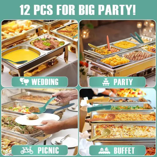 Alt view image 3 of 7 - Reusable Plastic Serving Utensils Set of 12, 10" Wheat straw Large Serving set Serving Spoons/Slotted Spoons/Tongs, for Party Buffet Catering (Orange/Blue/Yellow/Green, Not for Cooking)