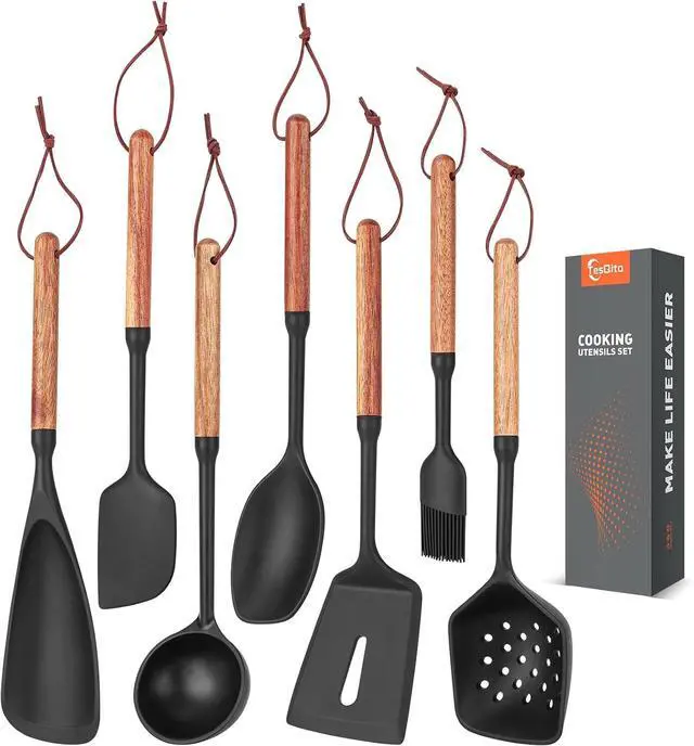 Main image of Silicone Cooking Utensils Set of 7, Wooden Handle (Black)