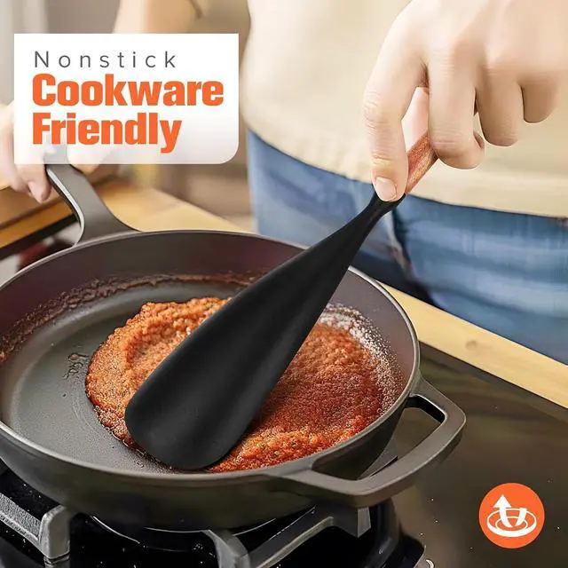 Alt view image 2 of 7 - Silicone Cooking Utensils Set of 7, Wooden Handle (Black)