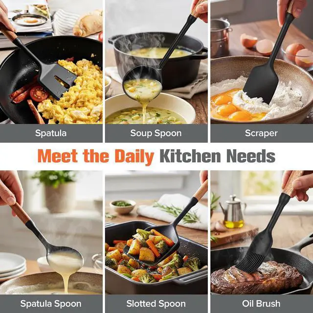 Alt view image 3 of 7 - Silicone Cooking Utensils Set of 7, Wooden Handle (Black)