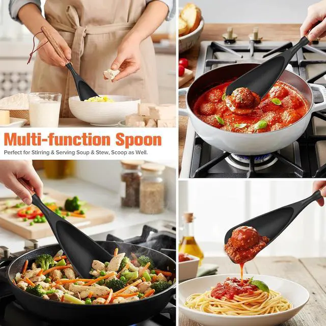Alt view image 4 of 7 - Silicone Cooking Utensils Set of 7, Wooden Handle (Black)