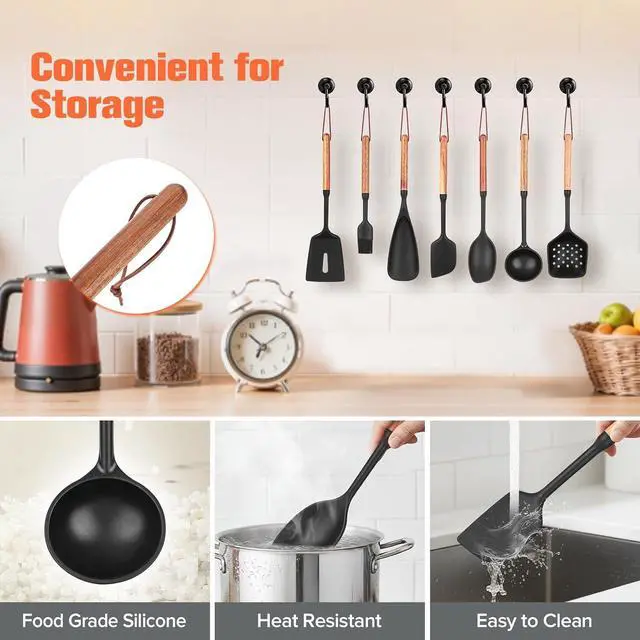 Alt view image 5 of 7 - Silicone Cooking Utensils Set of 7, Wooden Handle (Black)