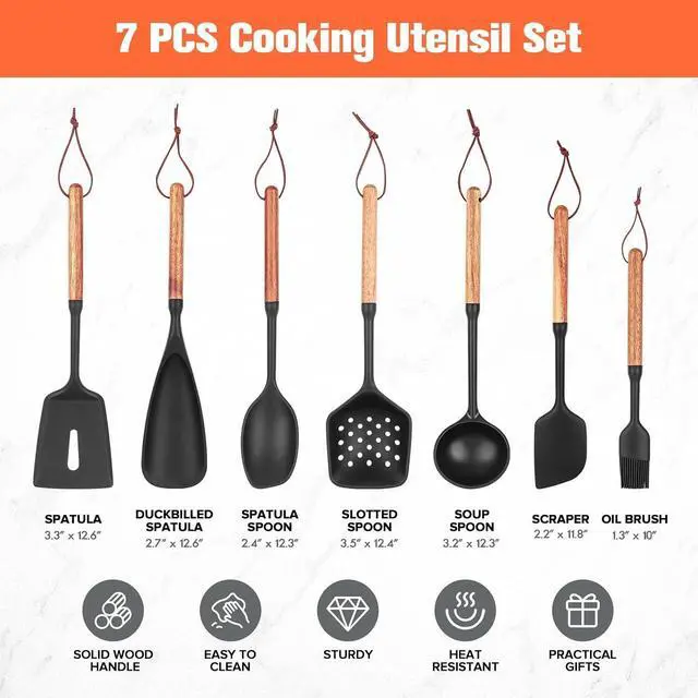 Alt view image 6 of 7 - Silicone Cooking Utensils Set of 7, Wooden Handle (Black)