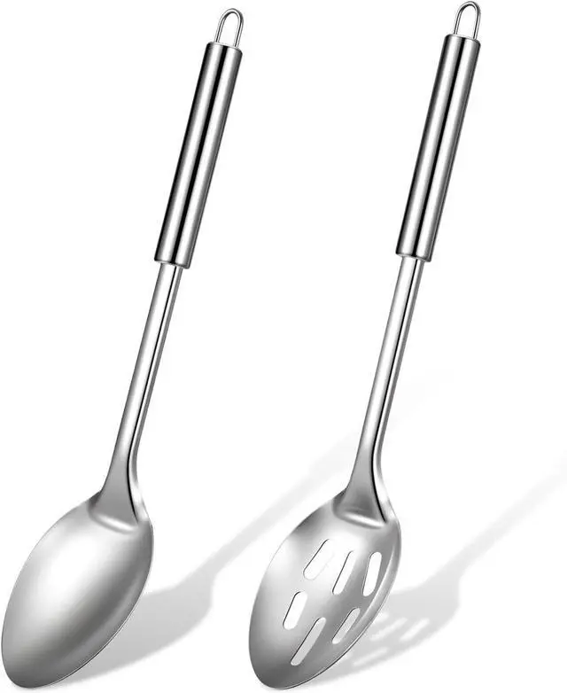 Main image of 2 Pcs Stainless Steel Solid & Slotted Metal Serving Spoons, Cooking Spoons Set Large Soup Ladle Long Handle Kitchen Spoon Heat Resistant Cooking Utensils Set for Mixing, Stirring, Silver