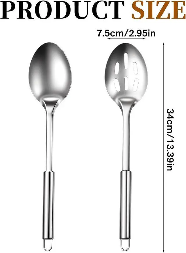 Alt view image 2 of 7 - 2 Pcs Stainless Steel Solid & Slotted Metal Serving Spoons, Cooking Spoons Set Large Soup Ladle Long Handle Kitchen Spoon Heat Resistant Cooking Utensils Set for Mixing, Stirring, Silver