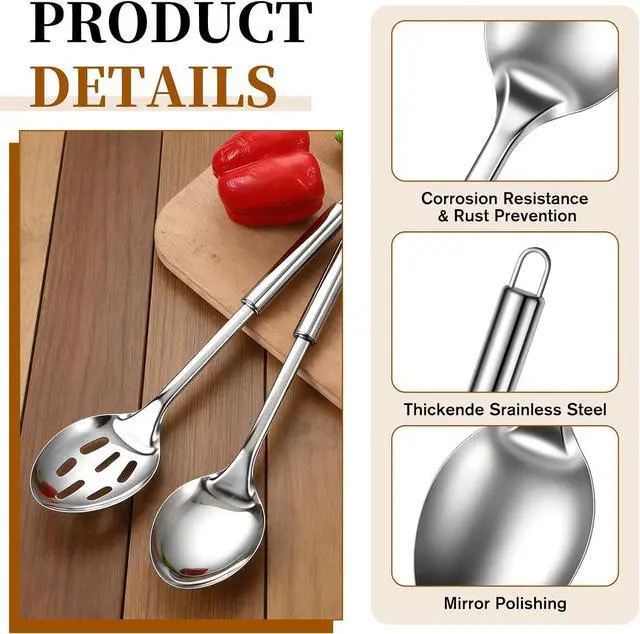 Alt view image 3 of 7 - 2 Pcs Stainless Steel Solid & Slotted Metal Serving Spoons, Cooking Spoons Set Large Soup Ladle Long Handle Kitchen Spoon Heat Resistant Cooking Utensils Set for Mixing, Stirring, Silver