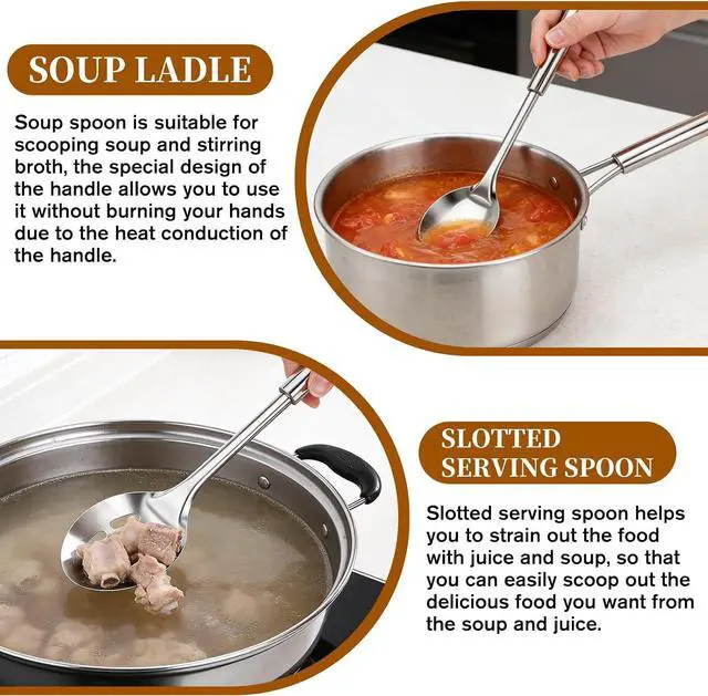 Alt view image 4 of 7 - 2 Pcs Stainless Steel Solid & Slotted Metal Serving Spoons, Cooking Spoons Set Large Soup Ladle Long Handle Kitchen Spoon Heat Resistant Cooking Utensils Set for Mixing, Stirring, Silver