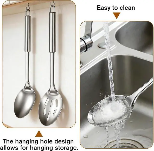 Alt view image 5 of 7 - 2 Pcs Stainless Steel Solid & Slotted Metal Serving Spoons, Cooking Spoons Set Large Soup Ladle Long Handle Kitchen Spoon Heat Resistant Cooking Utensils Set for Mixing, Stirring, Silver