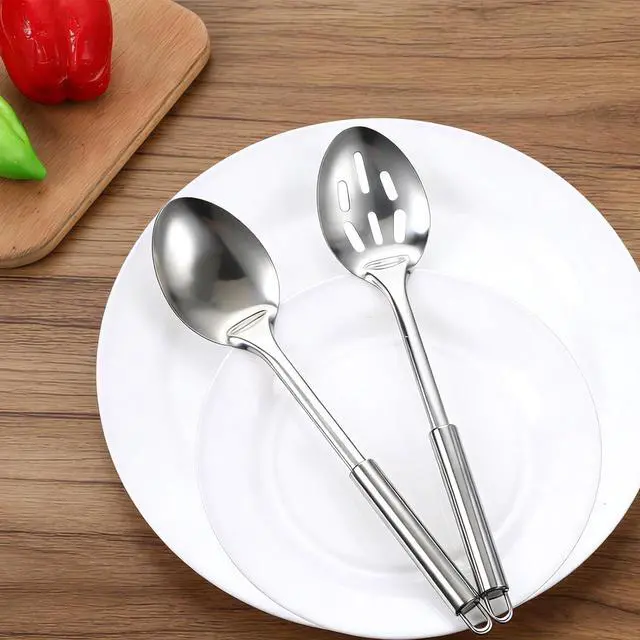 Alt view image 7 of 7 - 2 Pcs Stainless Steel Solid & Slotted Metal Serving Spoons, Cooking Spoons Set Large Soup Ladle Long Handle Kitchen Spoon Heat Resistant Cooking Utensils Set for Mixing, Stirring, Silver