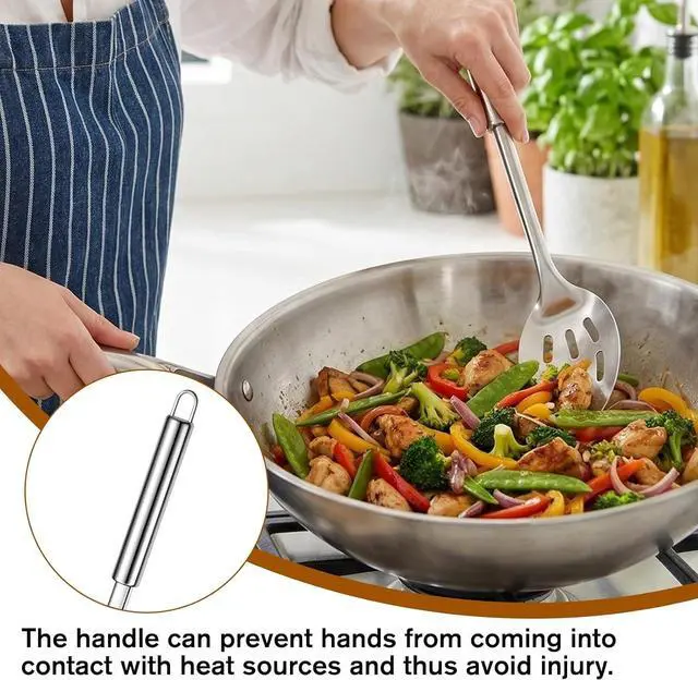 Alt view image 6 of 7 - 2 Pcs Stainless Steel Solid & Slotted Metal Serving Spoons, Cooking Spoons Set Large Soup Ladle Long Handle Kitchen Spoon Heat Resistant Cooking Utensils Set for Mixing, Stirring, Silver