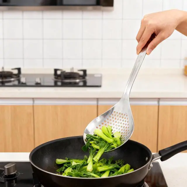 Alt view image 4 of 7 - Slotted Spoons for Cooking, Skimmer Slotted Spoon, Large Stainless Steel Skimmer Ladle Spoon Spider Strainer with Handle and Hanging Holes for Kitchen Cooking, Frying and Draining
