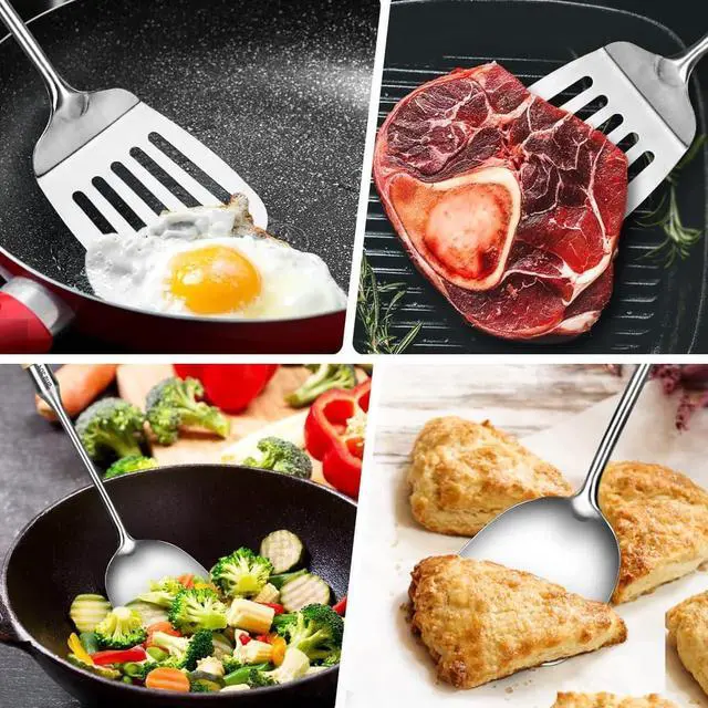 Alt view image 7 of 7 - Stainless-Steel Turner Spatula Set, Set of 2, Slotted Turner, Wok Spatula, Heavy Duty Metal Kitchen Utensils for Cooking