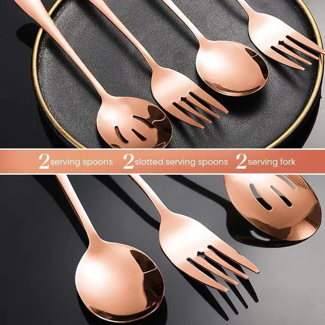 Alt view image 2 of 7 - Silverware Sets, Includes 2 Serving Spoon,2 Slotted Serving Spoon, 2 Serving Fork, Stainless Steel Serving Spoons for Parties,Buffet Serving Utensils Set (Rose Gold)