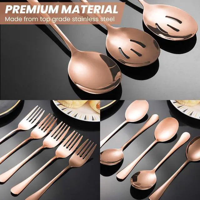 Alt view image 4 of 7 - Silverware Sets, Includes 2 Serving Spoon,2 Slotted Serving Spoon, 2 Serving Fork, Stainless Steel Serving Spoons for Parties,Buffet Serving Utensils Set (Rose Gold)