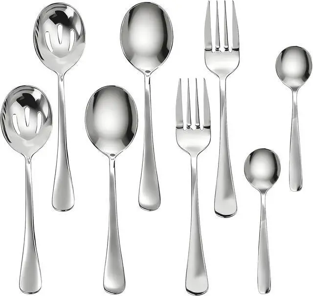 Main image of 8 PCS Serving Utensils,8.7 Inch Large Serving Spoons,Slotted Spoon,Forks,Mini Coffee Spoons,Stainless Steel Serving Sets for Buffet Catering Banquet Party,Dishwasher Safe (8 Pcs(Silver))