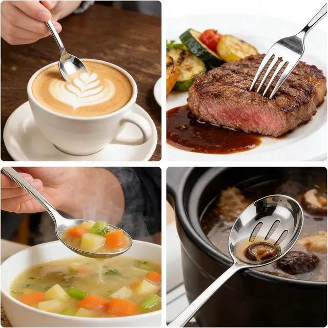 Alt view image 4 of 7 - 8 PCS Serving Utensils,8.7 Inch Large Serving Spoons,Slotted Spoon,Forks,Mini Coffee Spoons,Stainless Steel Serving Sets for Buffet Catering Banquet Party,Dishwasher Safe (8 Pcs(Silver))