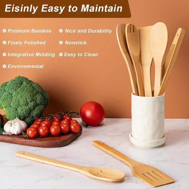 Alt view image 4 of 7 - Eisinly 7-Piece Wooden Cooking Spoons, Polished Bamboo Utensil Set