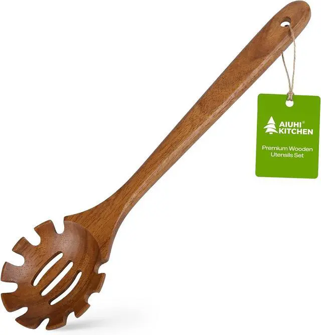 Main image of AIUHI Teak Wooden Pasta Fork with Teech, 12.8" Slotted Noodle Server, Heat-Resistant Nonstick-Safe Kitchen Utensil for Stirring & Serving
