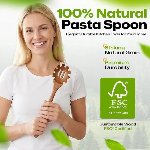 Alt view image 2 of 7 - AIUHI Teak Wooden Pasta Fork with Teech, 12.8" Slotted Noodle Server, Heat-Resistant Nonstick-Safe Kitchen Utensil for Stirring & Serving