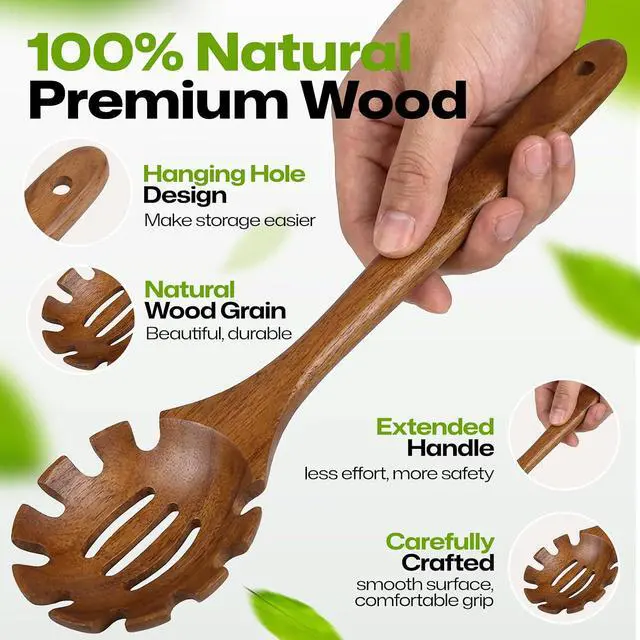 Alt view image 3 of 7 - AIUHI Teak Wooden Pasta Fork with Teech, 12.8" Slotted Noodle Server, Heat-Resistant Nonstick-Safe Kitchen Utensil for Stirring & Serving