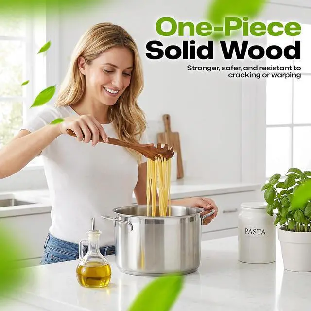 Alt view image 7 of 7 - AIUHI Teak Wooden Pasta Fork with Teech, 12.8" Slotted Noodle Server, Heat-Resistant Nonstick-Safe Kitchen Utensil for Stirring & Serving