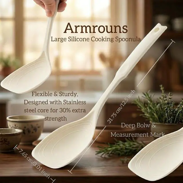 Alt view image 2 of 6 - Large Silicone Cooking Spoon 2PC, 12 -inch Non-Stick Spoonula set Deep Bolw & Measurement Mark for Mixing,Serving, Scooping, Scraping, Kitchen Utensils Spoons (White & Green)