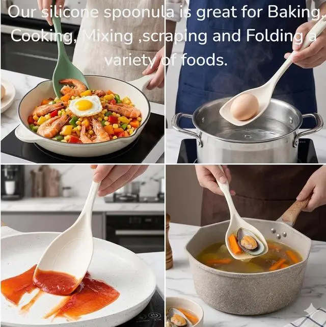Alt view image 3 of 6 - Large Silicone Cooking Spoon 2PC, 12 -inch Non-Stick Spoonula set Deep Bolw & Measurement Mark for Mixing,Serving, Scooping, Scraping, Kitchen Utensils Spoons (White & Green)