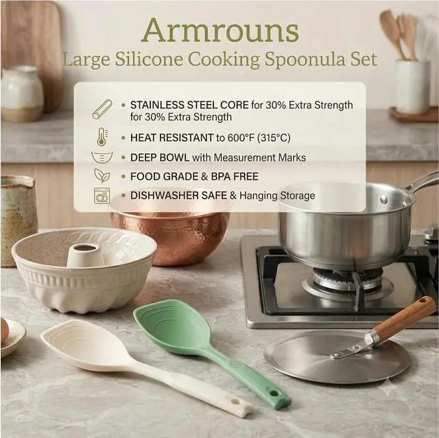 Alt view image 4 of 6 - Large Silicone Cooking Spoon 2PC, 12 -inch Non-Stick Spoonula set Deep Bolw & Measurement Mark for Mixing,Serving, Scooping, Scraping, Kitchen Utensils Spoons (White & Green)